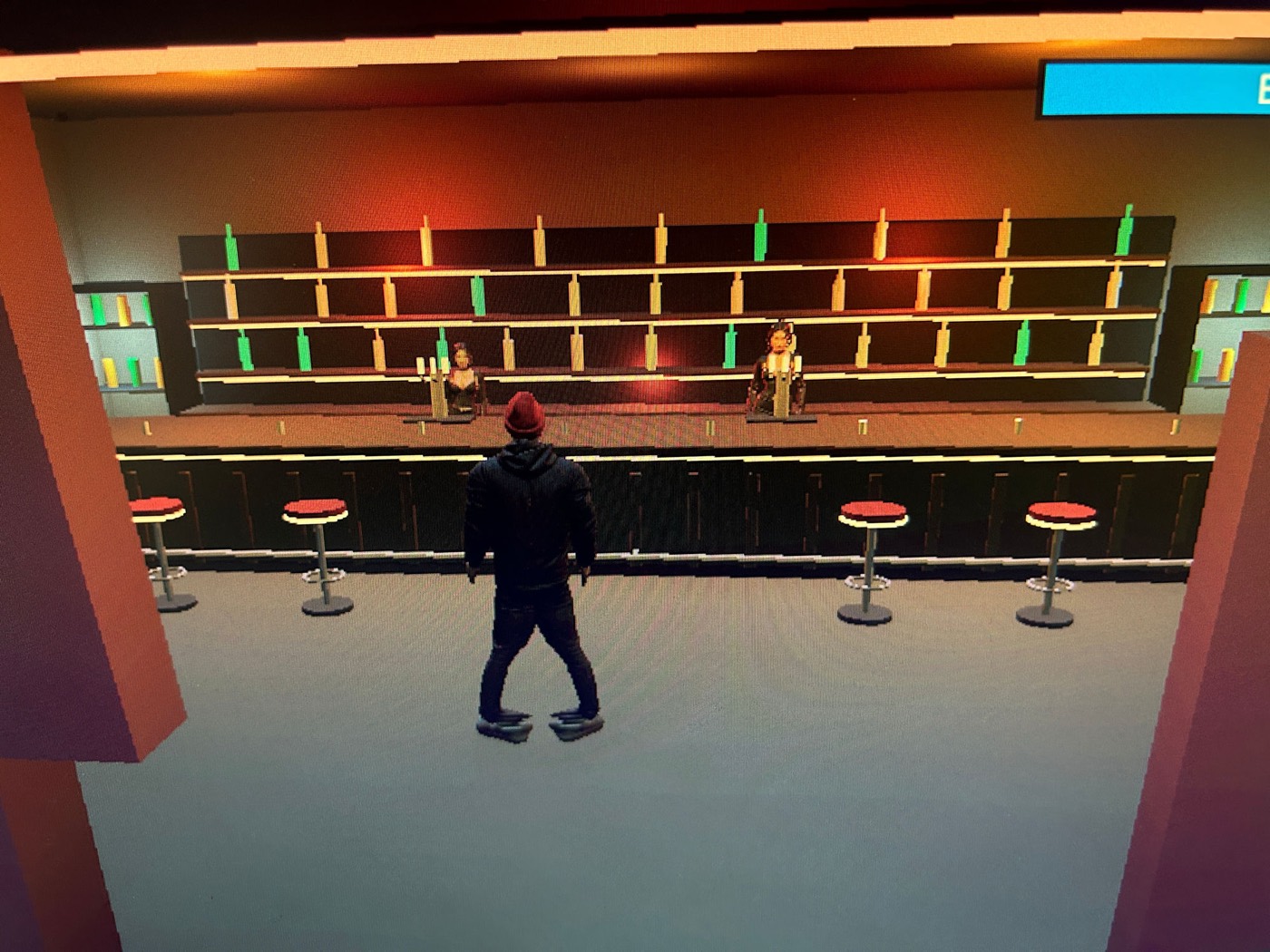 The Rave Game — the rebuilt bar with tall backlit bottle shelves, red stools and two bartenders