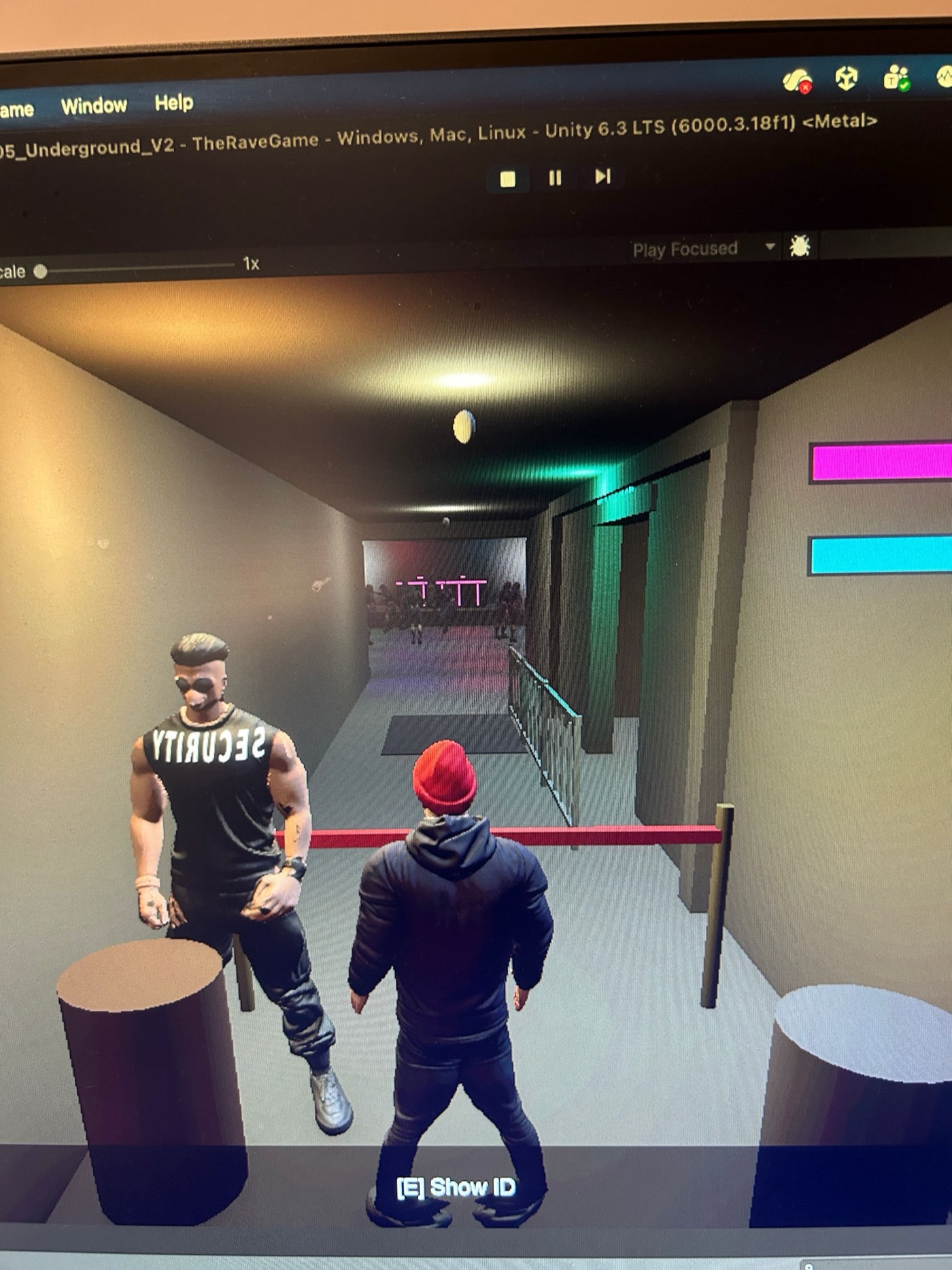 The Rave Game — a muscular SECURITY bouncer blocking a corridor with a Show ID prompt