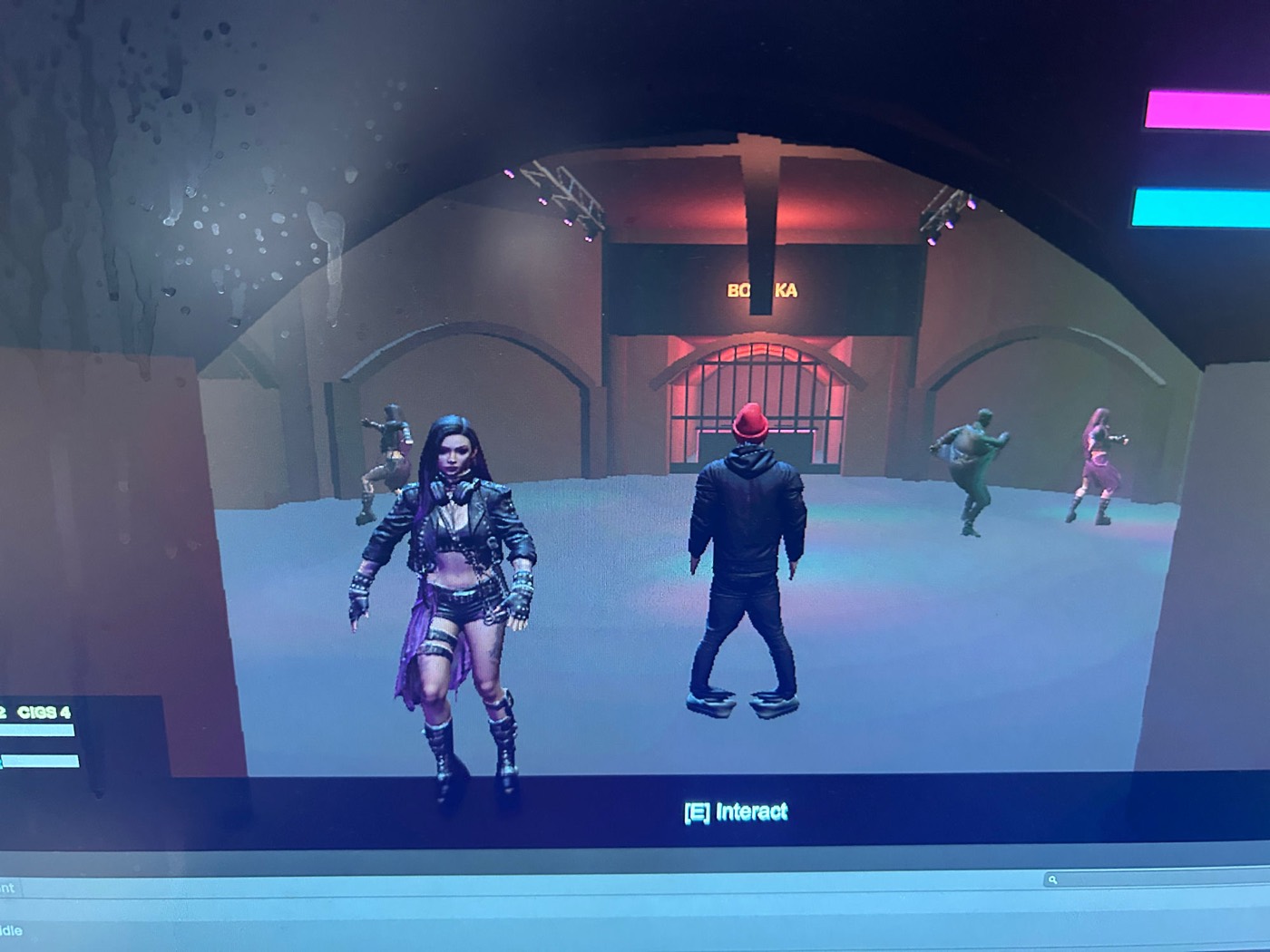 The Rave Game — a female NPC quest giver and drug dealer standing by the Bochka entrance with an interact prompt