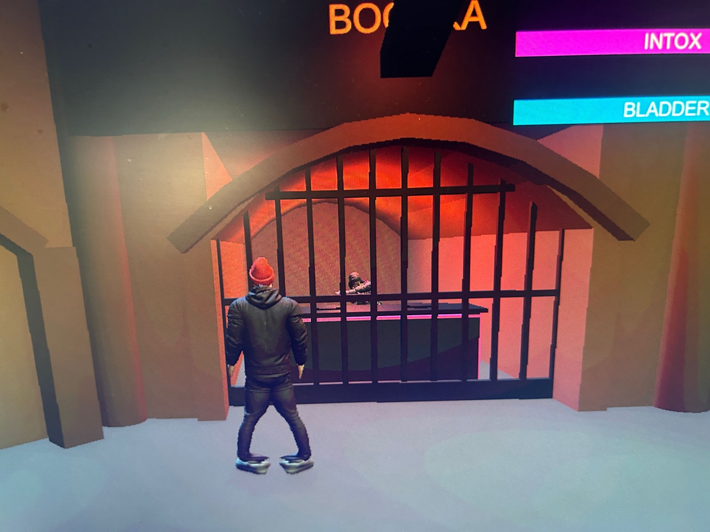The Rave Game — the DJ booth behind a caged arch, washed in red light under the glowing Bochka sign