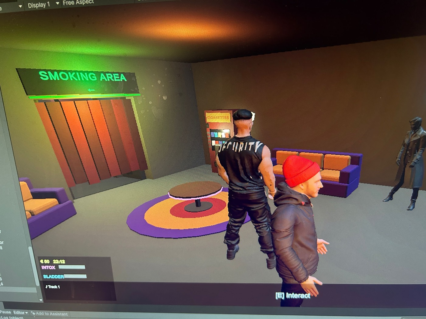 The Rave Game — the smoking area lounge with sofas, a cigarette machine, a bouncer, and a green SMOKING AREA sign