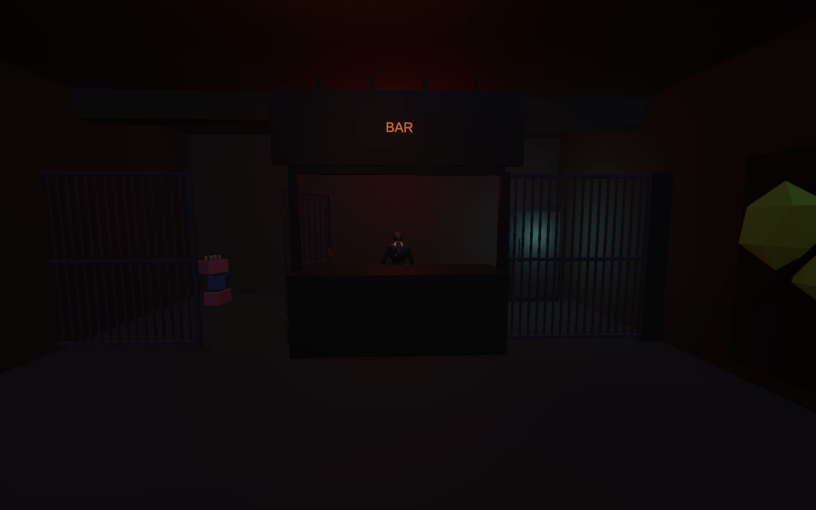 The Rave Game — a second bar behind iron cage bars with a glowing BAR sign and a bartender at the counter