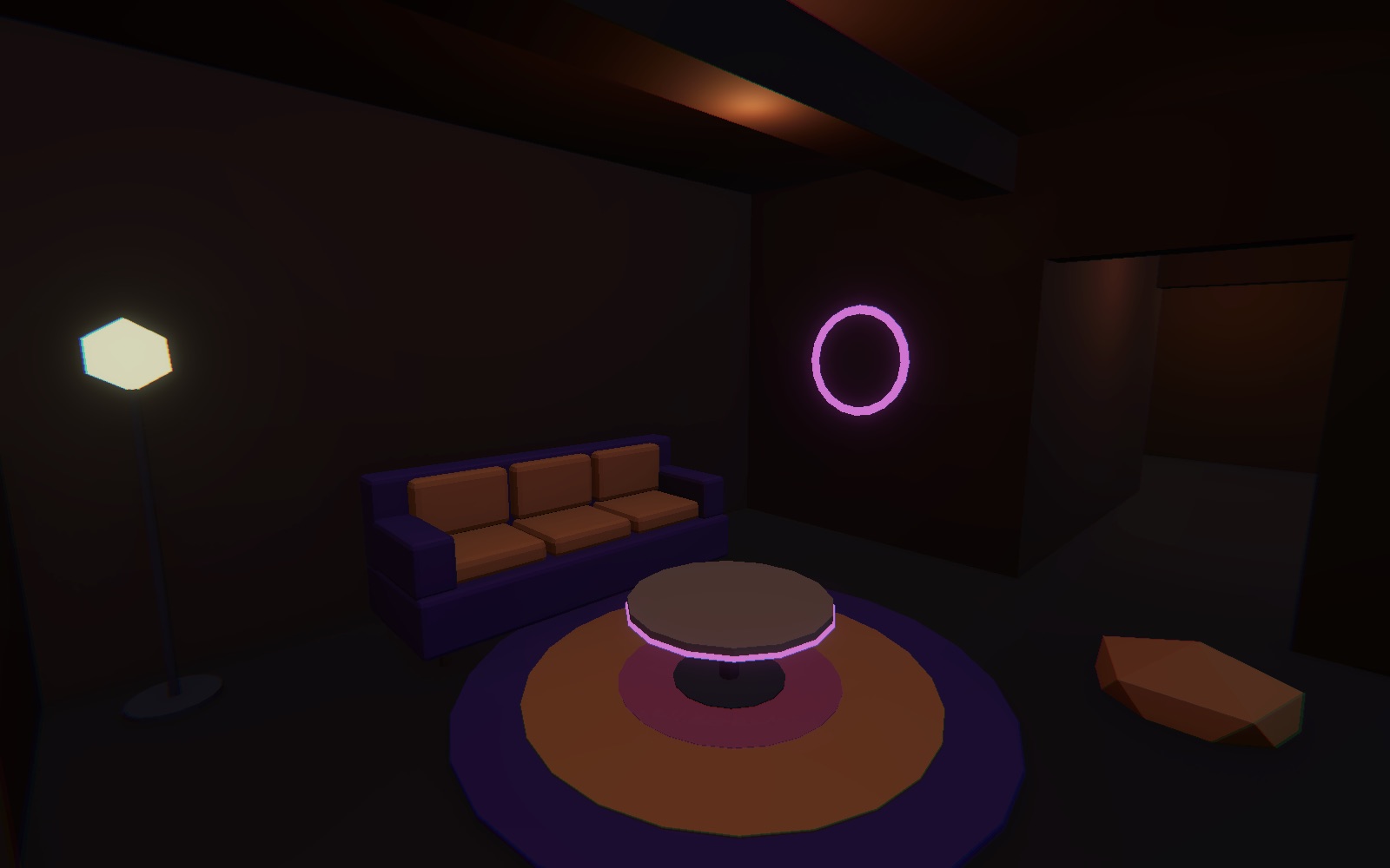 The Rave Game — a hidden chill room with a purple couch, glowing table, neon ring art and floor lamp