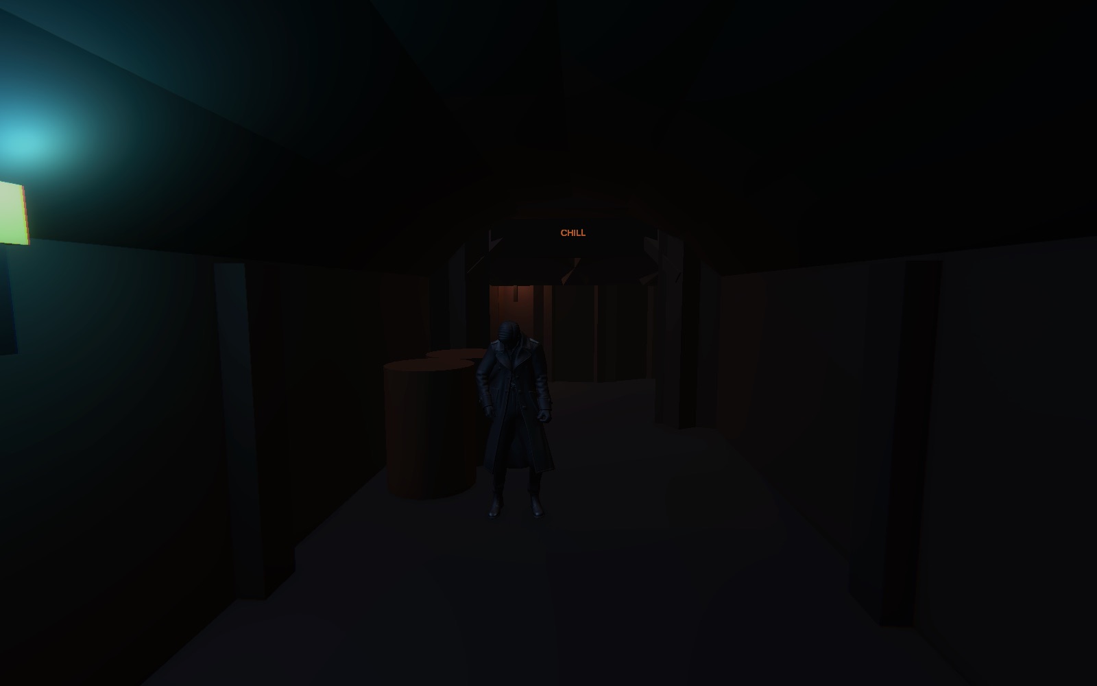 The Rave Game — a shadowy dealer standing in a dark tunnel under a glowing CHILL sign
