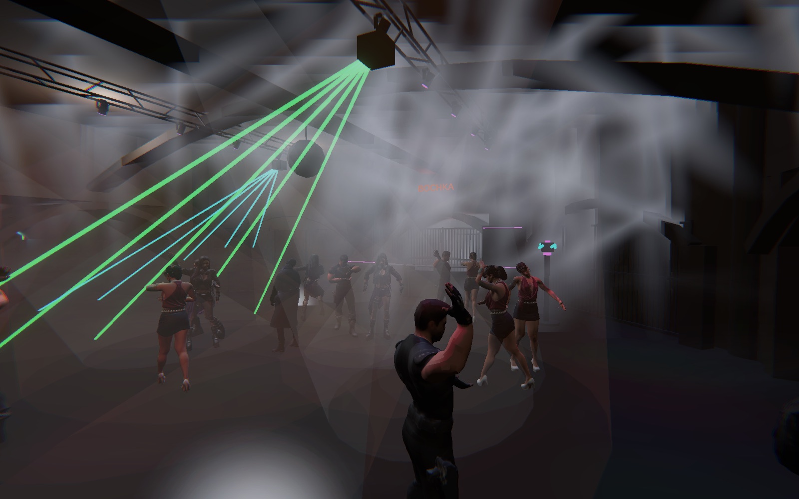 The Rave Game — green laser fans sweeping over the dancing Bochka crowd through thick fog