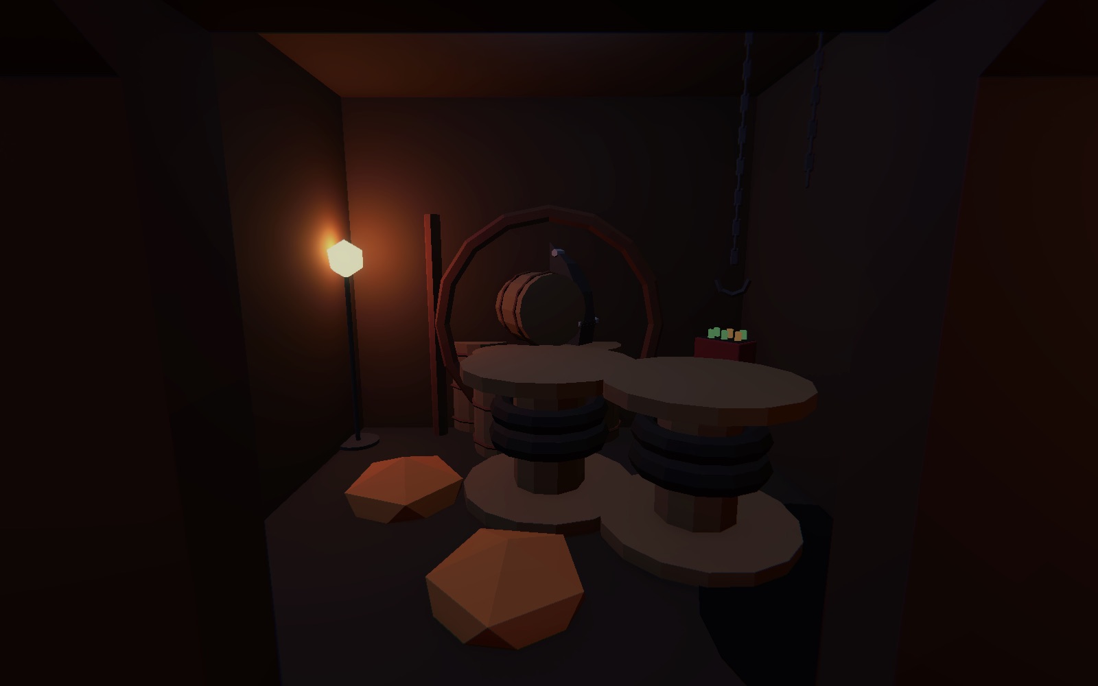 The Rave Game — a chill room with a huge round sealed vault door, cable-spool tables and beanbags