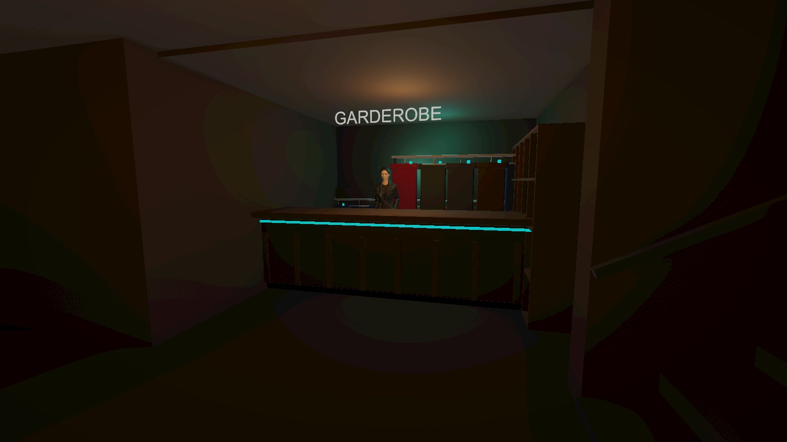 The Rave Game — an underground cloakroom with a lit counter, attendant and coat racks