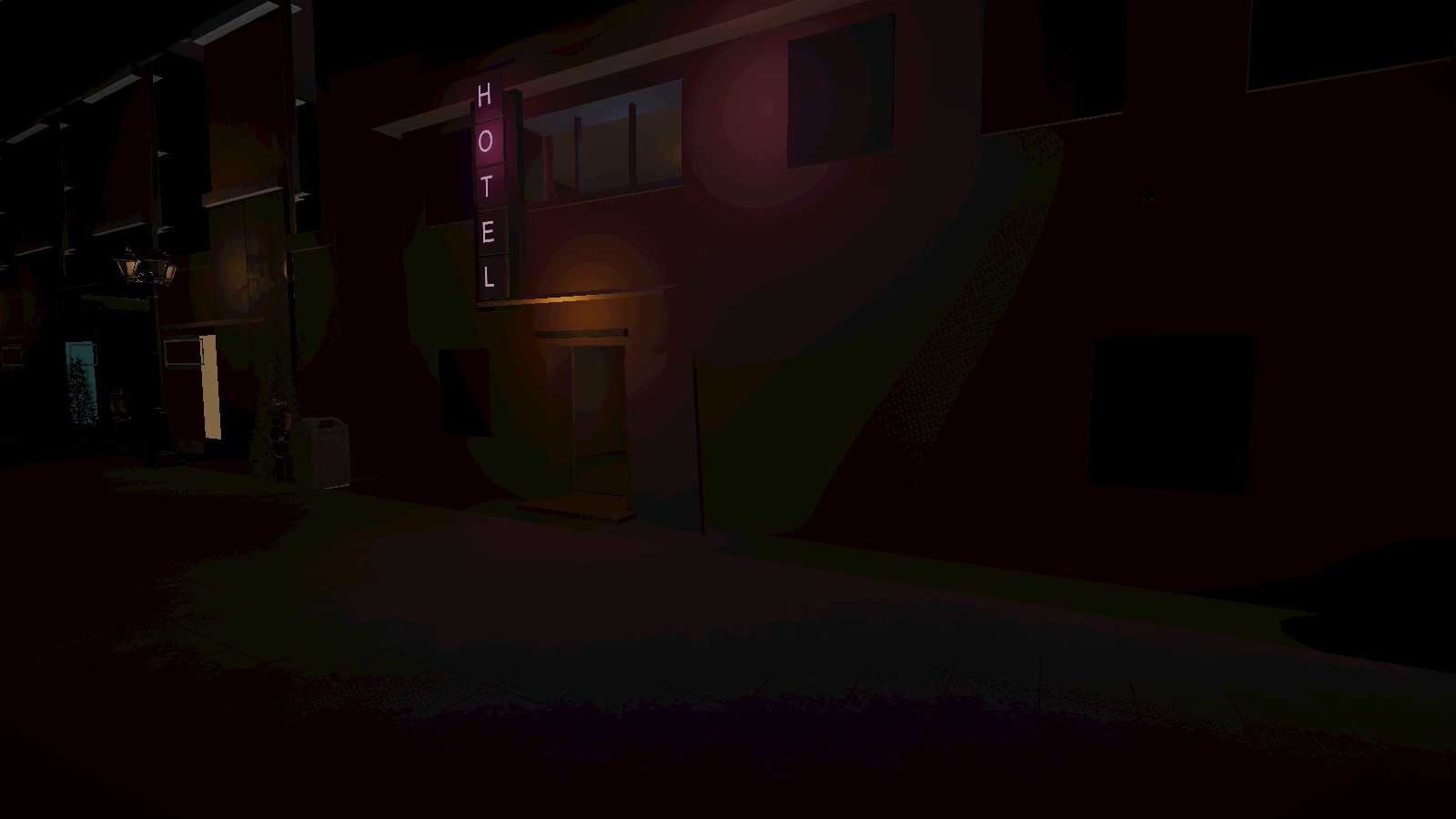 The Rave Game — a hotel front at night with a pink vertical HOTEL neon sign across the street