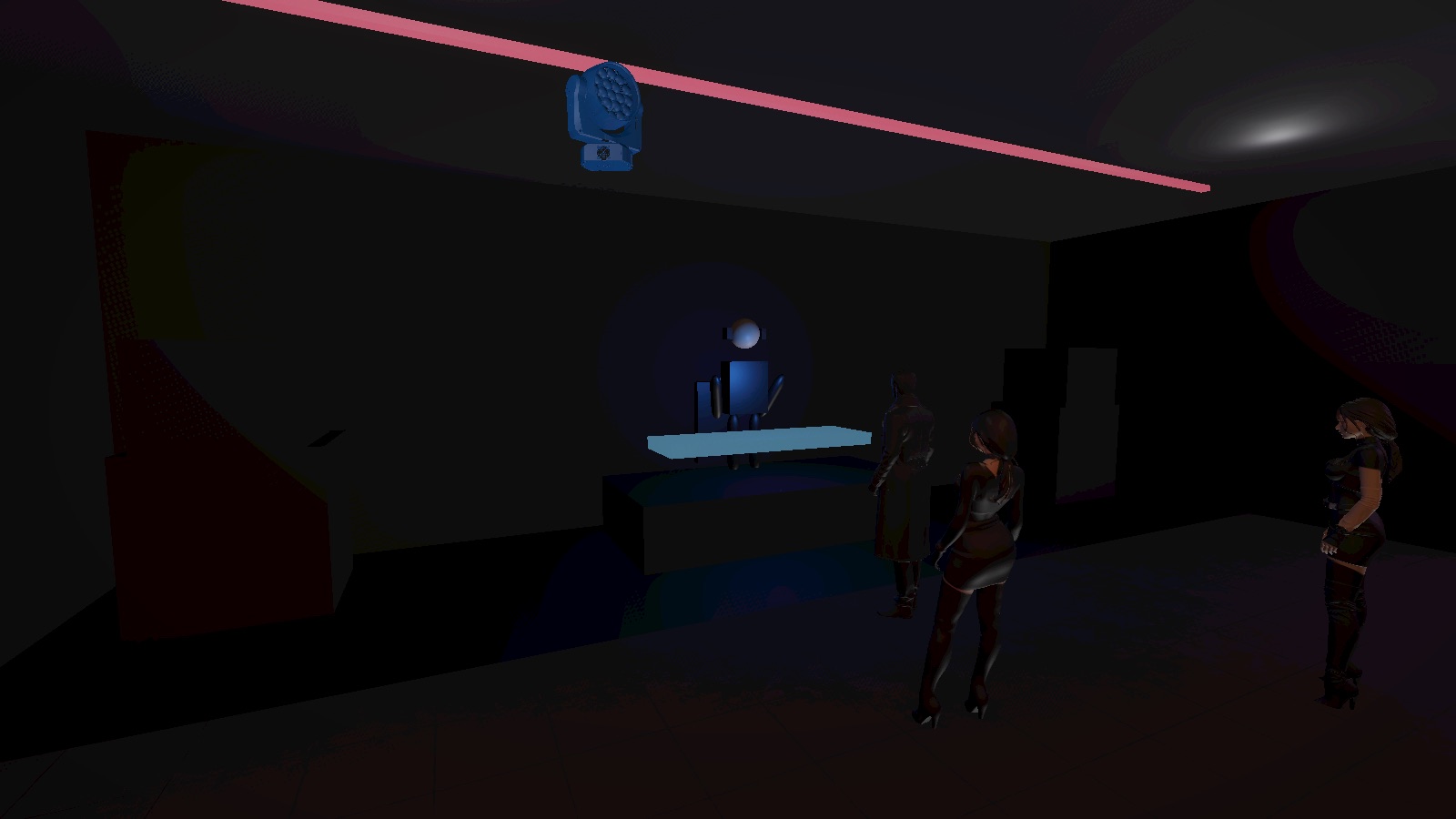 The Rave Game — a small dark club with a DJ booth, moving-head light and dancers