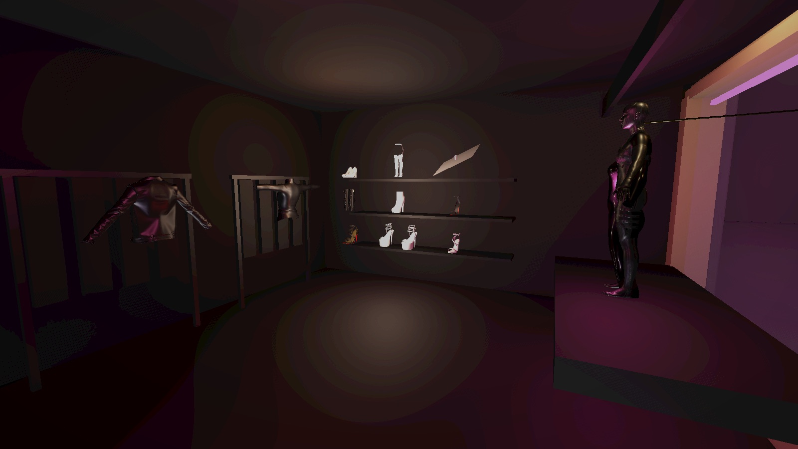 The Rave Game — a boutique interior with lit shoe shelves, leather jackets on rails and a mannequin in the window
