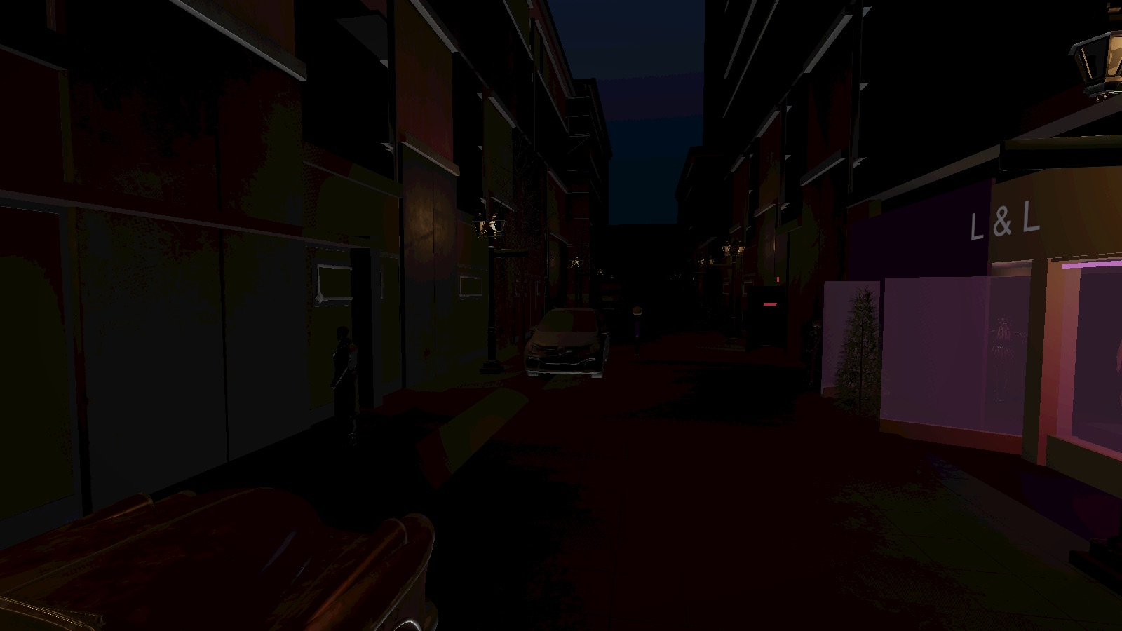 The Rave Game — a dark city street at night with lanterns, parked cars and lit shopfronts