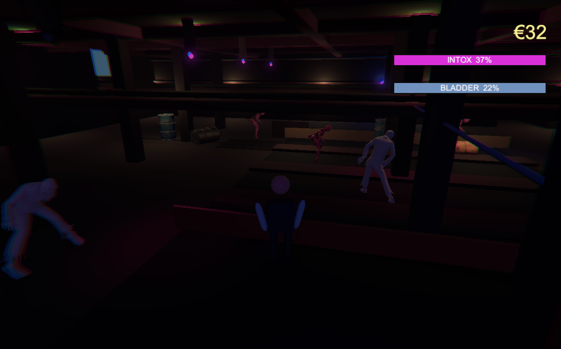 The Rave Game — Jun 26 state, HUD with money, intoxication, bladder; dancing NPCs in dim purple venue